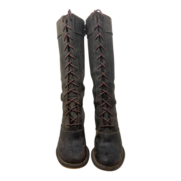 Frye Villager Lace Up Heeled Boots Women's Sz 6.5 Knee High Oiled Brown Leather - Picture 7 of 12